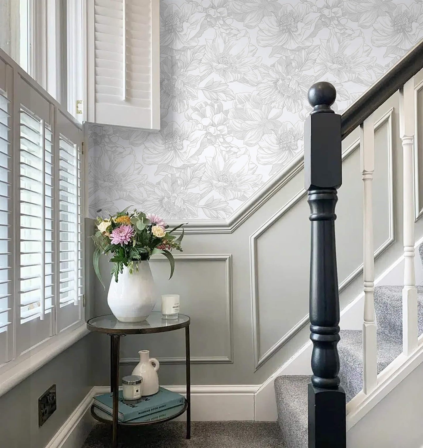 Ismoon Large Floral Peel and Stick Wallpaper Boho White/Grey Contact Paper 17.3inx6.5ft Removable Self Adhesive Bedroom Cabinet Mural Wall Decor Vinyl Roll