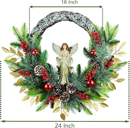 YULETIME 24" Angel Christmas Wreath, Artificial Holiday Wreath with Resin Angel Statue, Natural Rattan Ring & Pine Cones, Golden Leaves, Red Baubles, Spruce Branches, Snowy Pine Needles