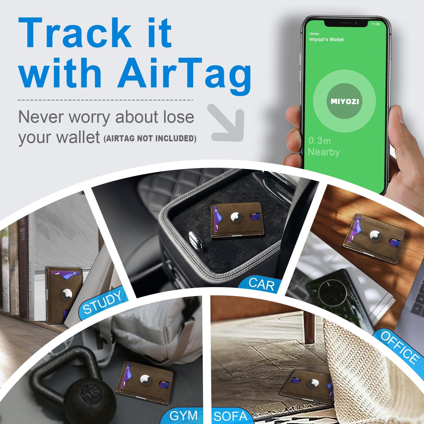 miyozi Airtag Wallet for Men,with Money Clip 11 Cards Slim Front Pocket Leather RFID Blocking Wallet with Gift Box