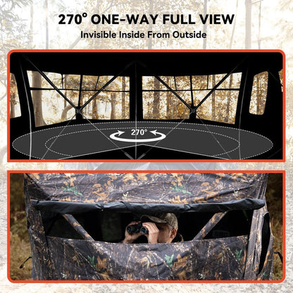 GearOZ Hunting Blind, 270° See Through Ground Blinds Camouflage Waterproof Pop-up Tent for Deer Turkey Duck Bow Hunting, 2-3 Person Portable Concealed Tent Silent Adjustable Windows with Carrying Bag