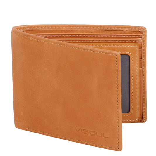 VISOUL Leather Mens Bifold RFID Blocking Wallet with 2 ID Windows, Leather Wallet for Men (Leather, Tan)