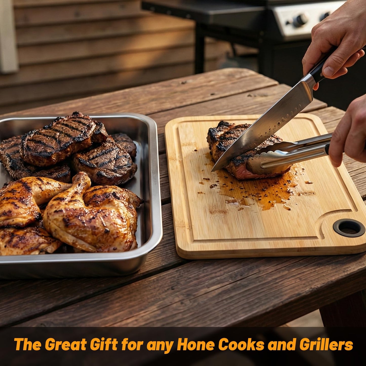 Grilling Prep and Serve Trays, Set of 5 Stackable Stainless Steel BBQ Trays with Lid & Cutting Board & Silicone Mat, Deep Marinating Container, Serving Platter for Plating Food, Large BBQ Prep Tub