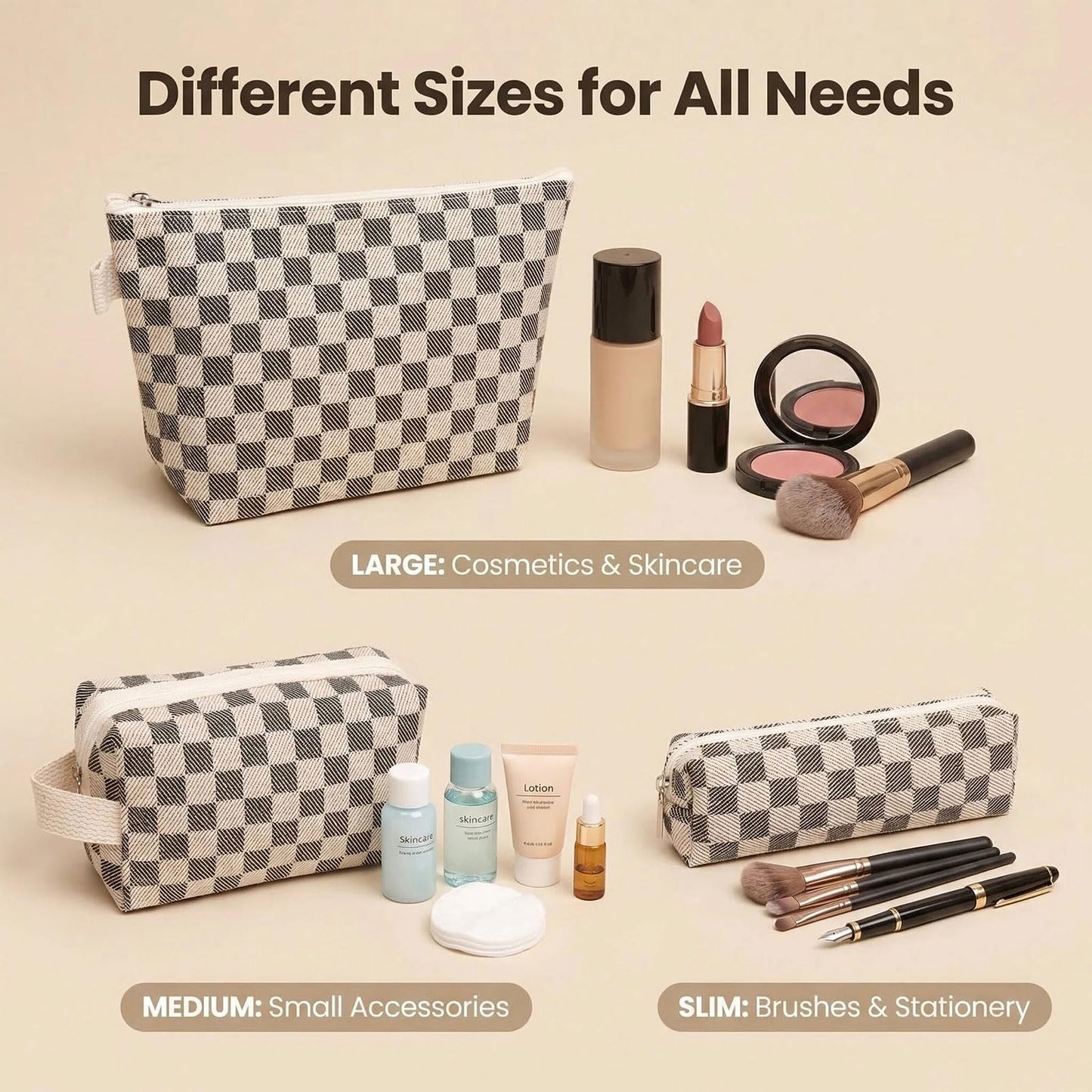 Beayuva 3 Pcs Canvas Makeup Bag Set Checkered Cosmetic Pouch for Women Travel Toiletry Bag Cute Makeup Organizer Purse Pouch Preppy Pencil Case with Zipper (Checkered Black)