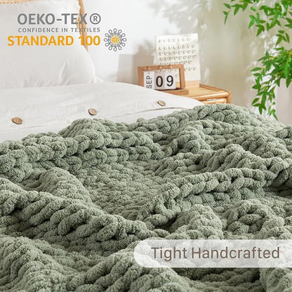 Chunky Knit Blanket Throw, 100% Hand Knit Throw Blanket Handmade Chenille Cable Knit Throw for Couch, Stylish Cozy Soft Rope Knot Crochet Blanket for Home Decor, Sage Green, 40x50 Inches