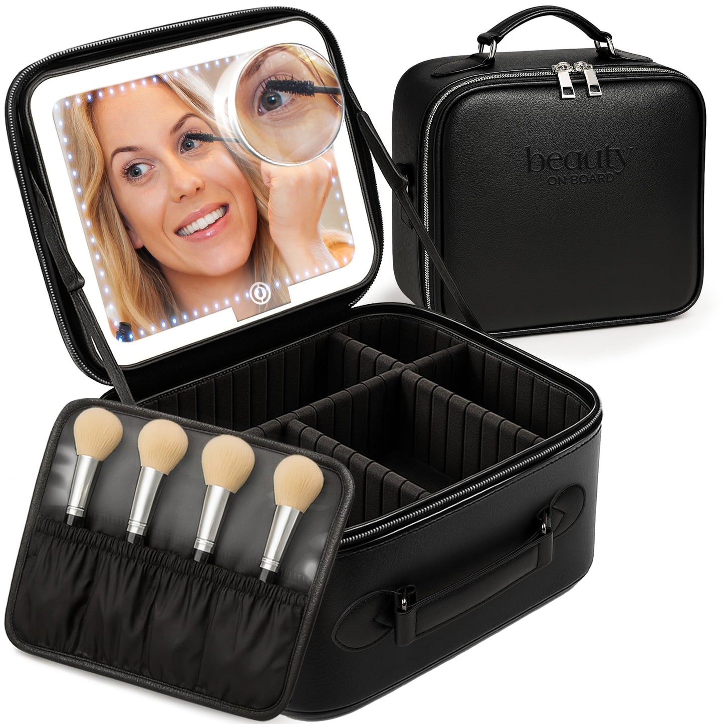 BeautyOnBoard Makeup Bag with LED Mirror, PU Leather Makeup Case - 3 Adjustable Brightness Levels, Lighted Cosmetic Case with Mirror, Dividers - Make Up Portable Storage Travel Organizer with Handle