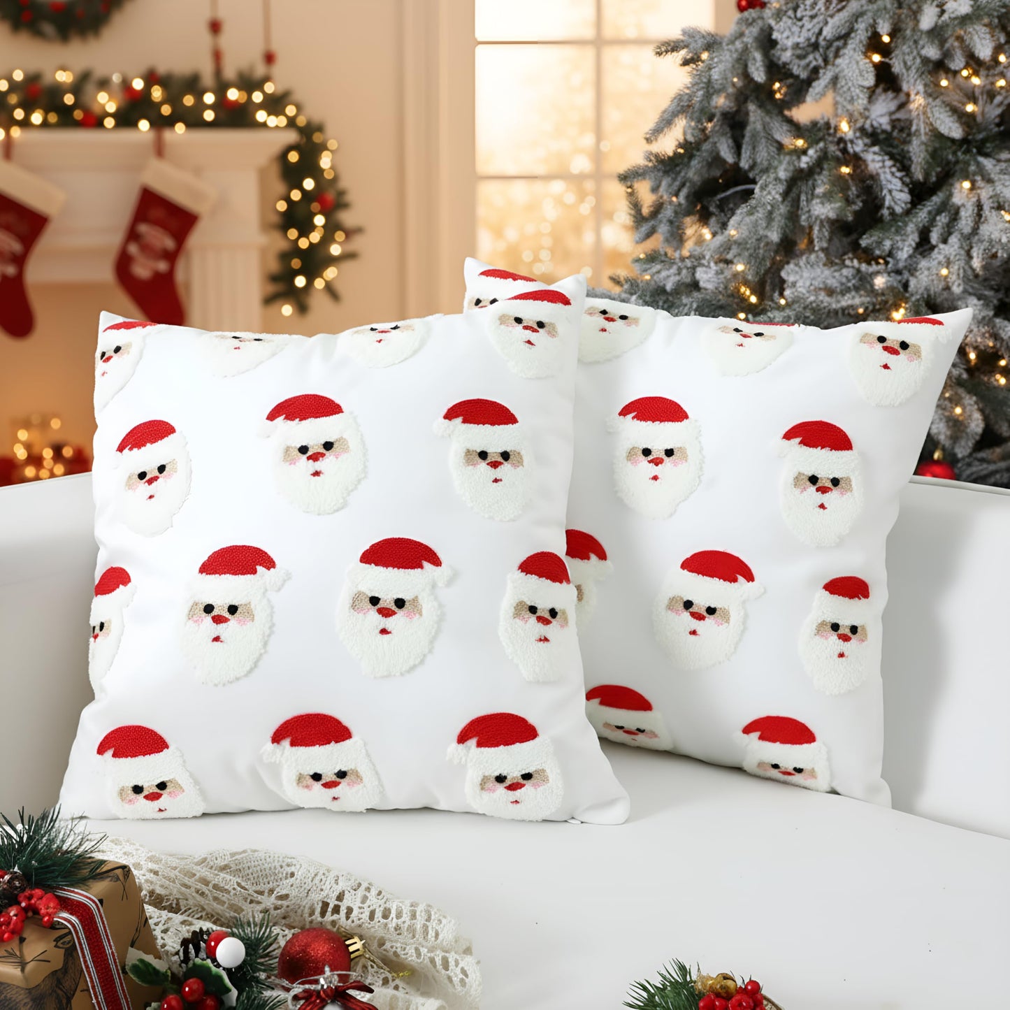 Hahafelt 2 Pcs Christmas Tufted Throw Pillow Covers 18 x 18 Inch Cute Santa Claus Soft Dutch Velvet Pillowcase Xmas Red White Square 3D Embroidery Cushion Cover Winter Holiday Decor for Sofa Couch Bed