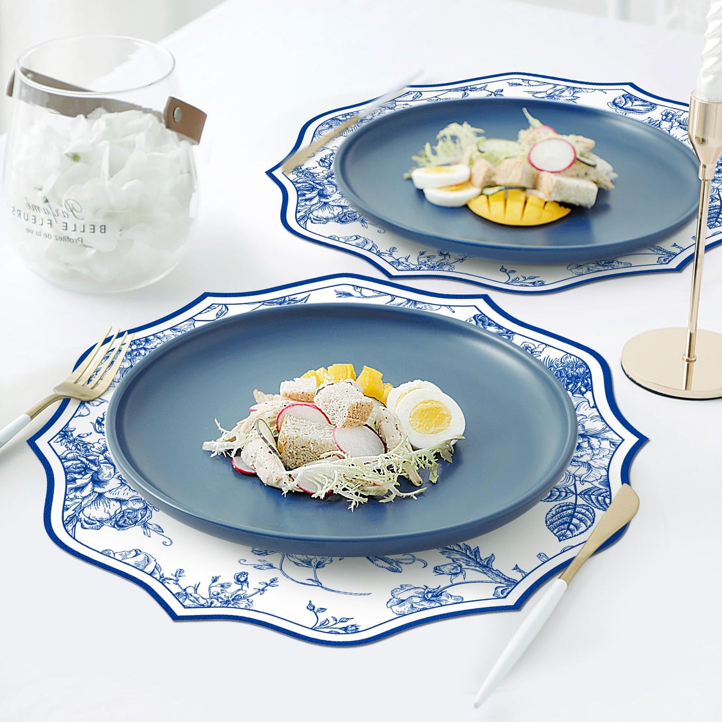Blue Floral Faux Leather Placemats Set of 6 Round Scalloped Chinoiserie Placemats 13 Inch Waterproof Flower Table Mats Heat Resistant for Dinner Table Setting Wedding Bridal Shower Party Decor