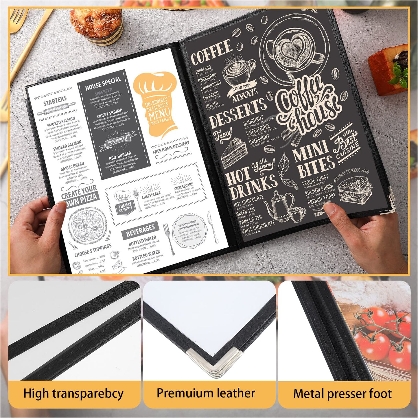 Henoyso 20 Pcs 8.5 x 11 Inch Menu Covers 4 Page 8 View Transparent Restaurant Covers Book Fits A4 Size Paper, Bar Cafe Clear Menu Holder Folder with Leatherette Trim and Decorative Corners, Black