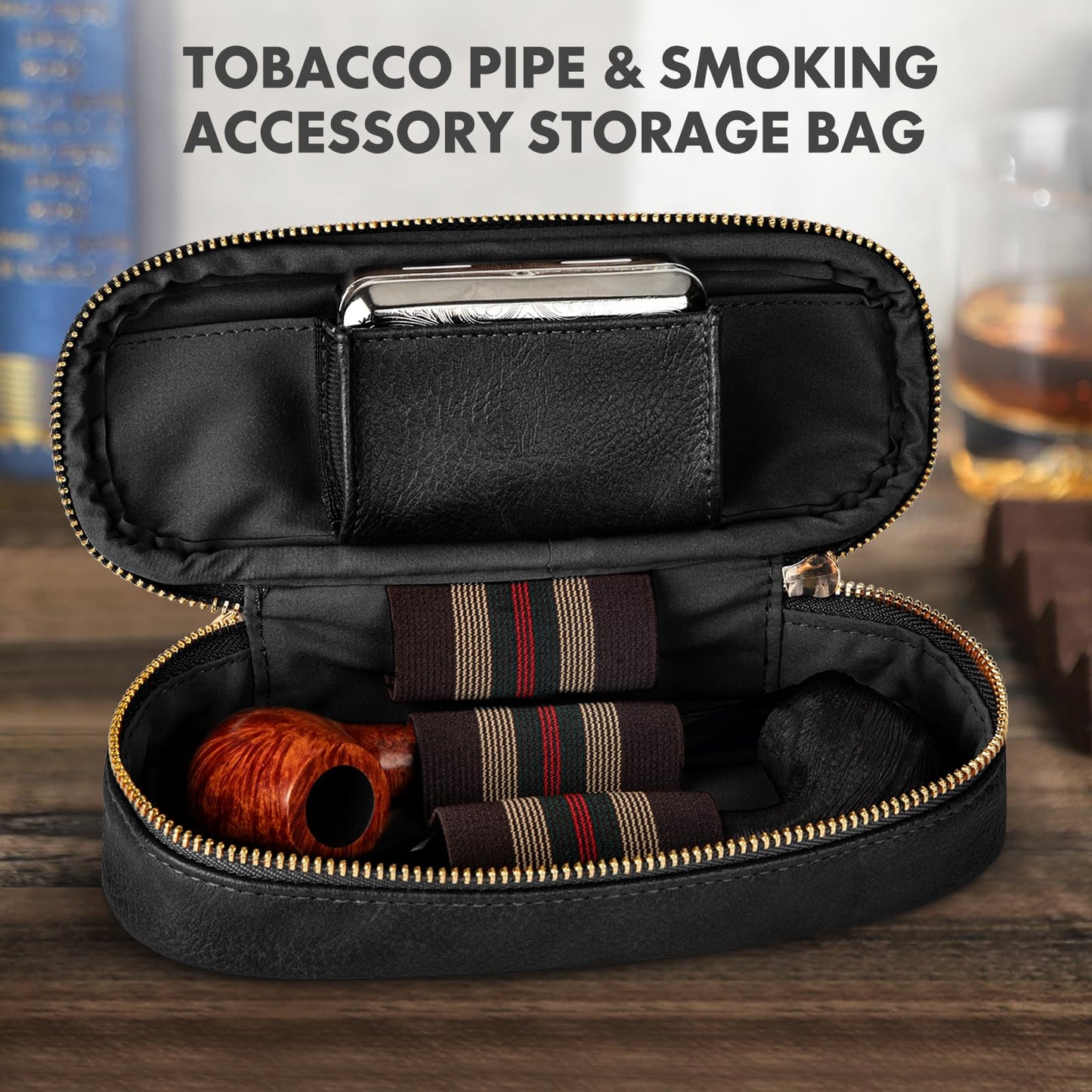 Tesonway Pipe Pouch, PU Leather Pipe Case/Pipe Bag for 2 Pipes and Pipe Cleaners, Screens, Tamper and Other Smoking Pipe Accessories, Pipe and Accessories Not Included (Black)