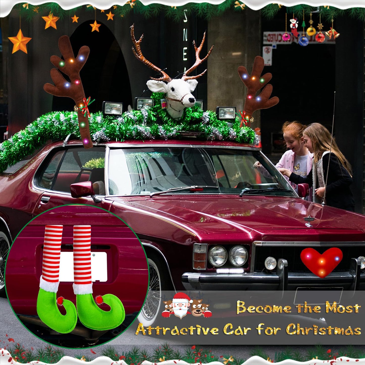 2 Pieces Car Reindeer Antler Kit Christmas Decorations with LED Lights Hanging Santa Claus Legs and Deer Nose Star Candy Canes Auto Accessories for Christmas Car Decorations(Striped Style)