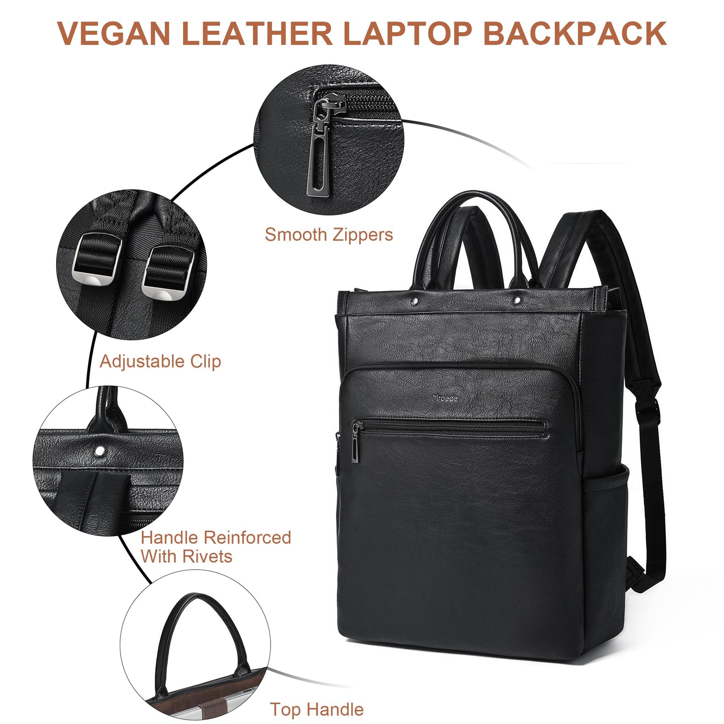 Mroede Leather Laptop Backpack for Women, Travel Backpack Purse Fits 15.6 Inch Laptop, Casual Daypack with Laptop Compartment for Men Teachers College Work Business Nurse Weekender, Black
