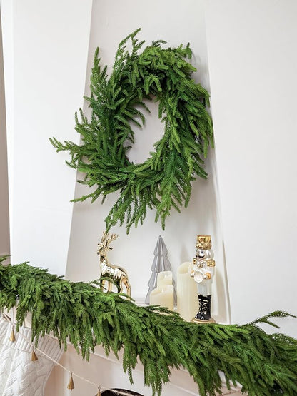 26" Norfolk Pine Wreath Real Touch Christmas Wreath for Front Door Winter Wreaths for Walls Windows Porches Indoor Outdoor Christmas Xmas Decorations Holiday Decor