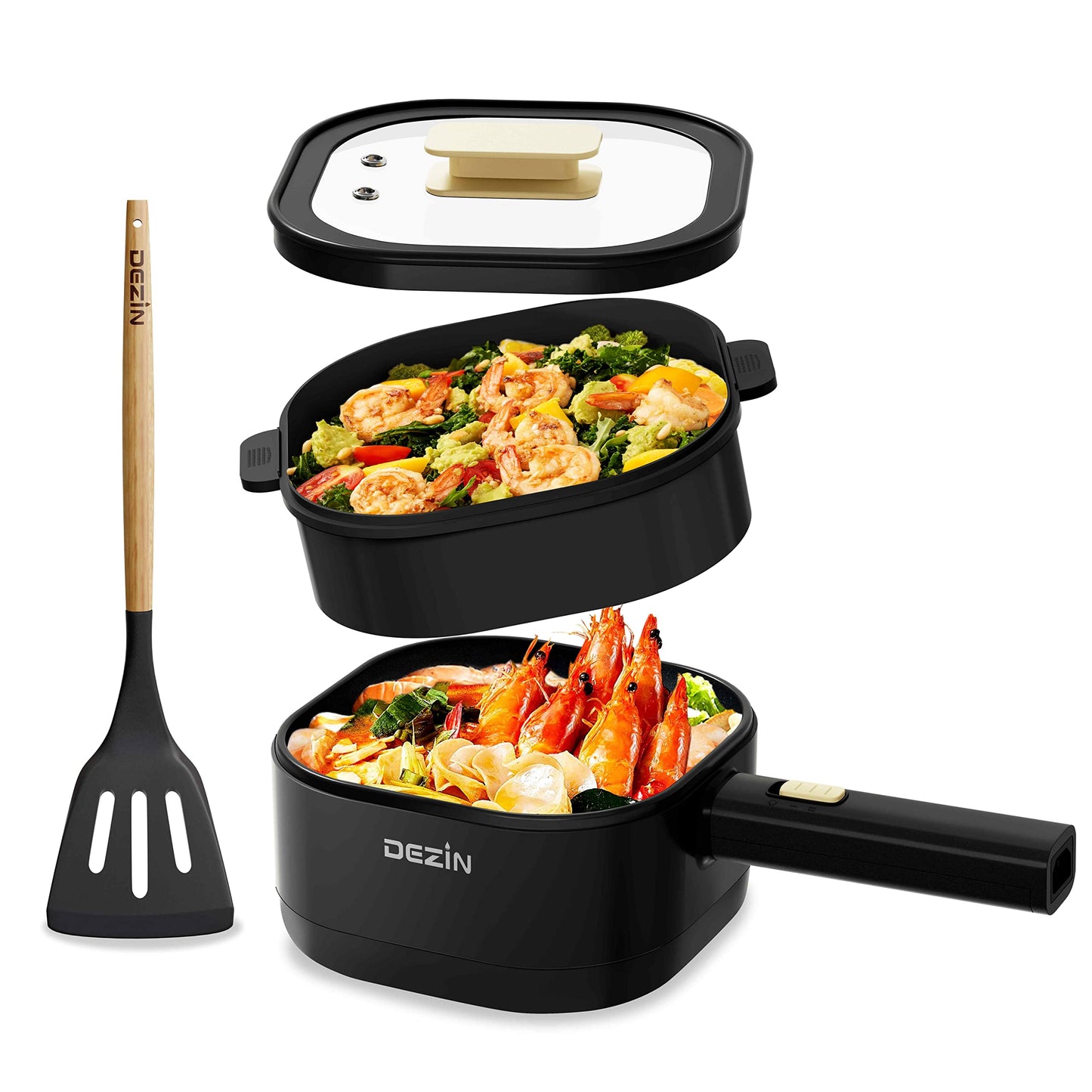 Dezin 2L Electric Hot Pot with Steamer, Rapid 800W Non-Stick Ceramic Coating Dorm Cooking Pot, Plug in Electric Pan Cooker with Adjustable Power for College Hotel Office(Silicone Spatula Included)