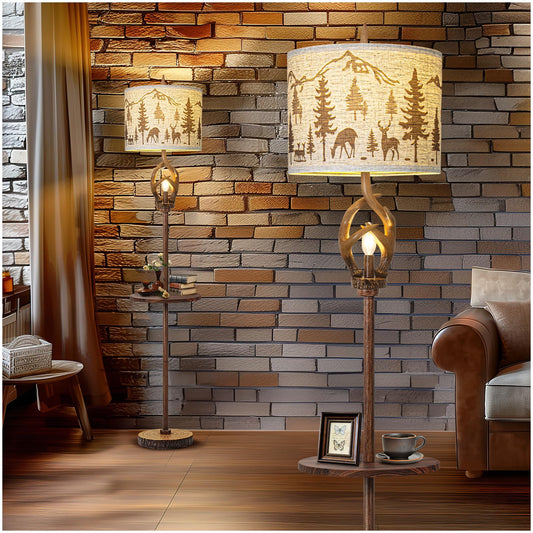 Vintage Deer Antlers Floor Lamps For Living Room with Night Light, Rustic Tall Lamp Decor For Bedroom with Metal Tray. Farmhouse Standing Lamp For Home Office Study Restaurant (Bulb Included)