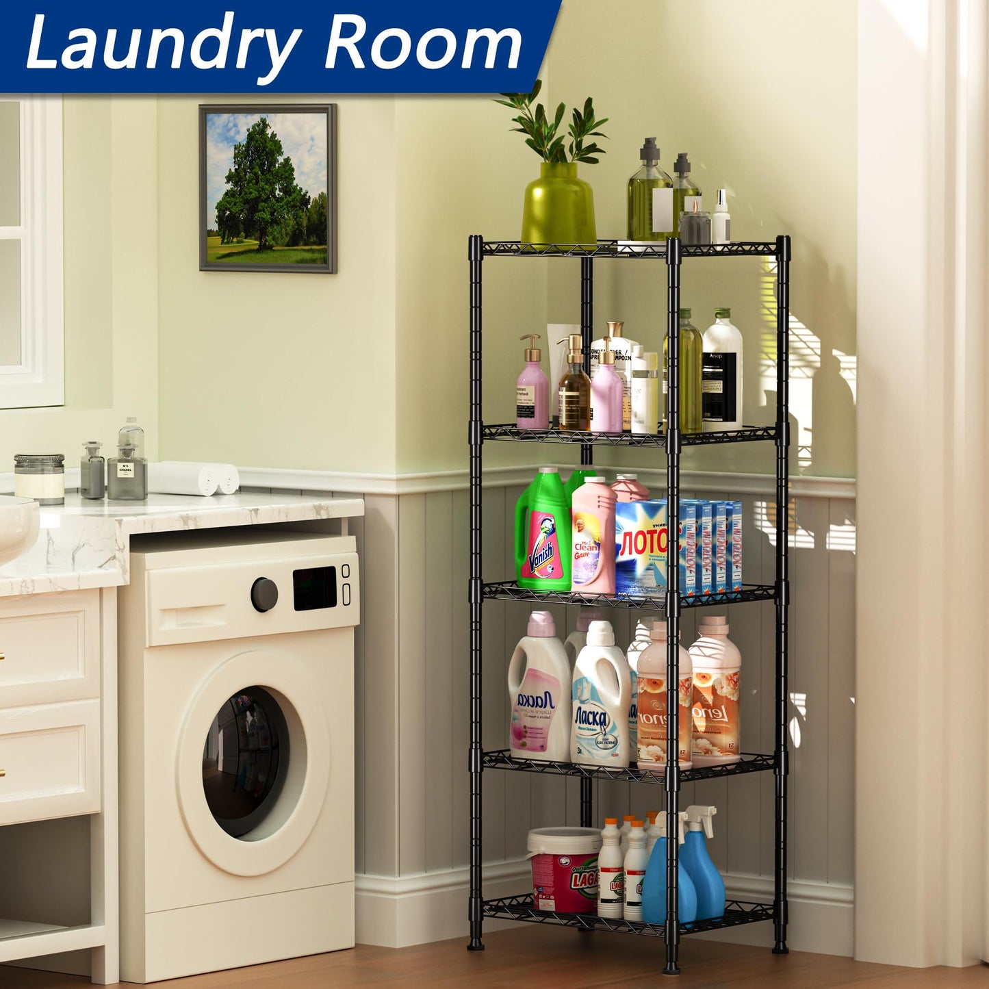 REGILLER 5-Wire Shelving Metal Storage Rack Adjustable Shelves,Standing Storage Shelf Units for Laundry Bathroom Kitchen Pantry Closet(Black,11.8" D x 16.6" W x 53.5" H)
