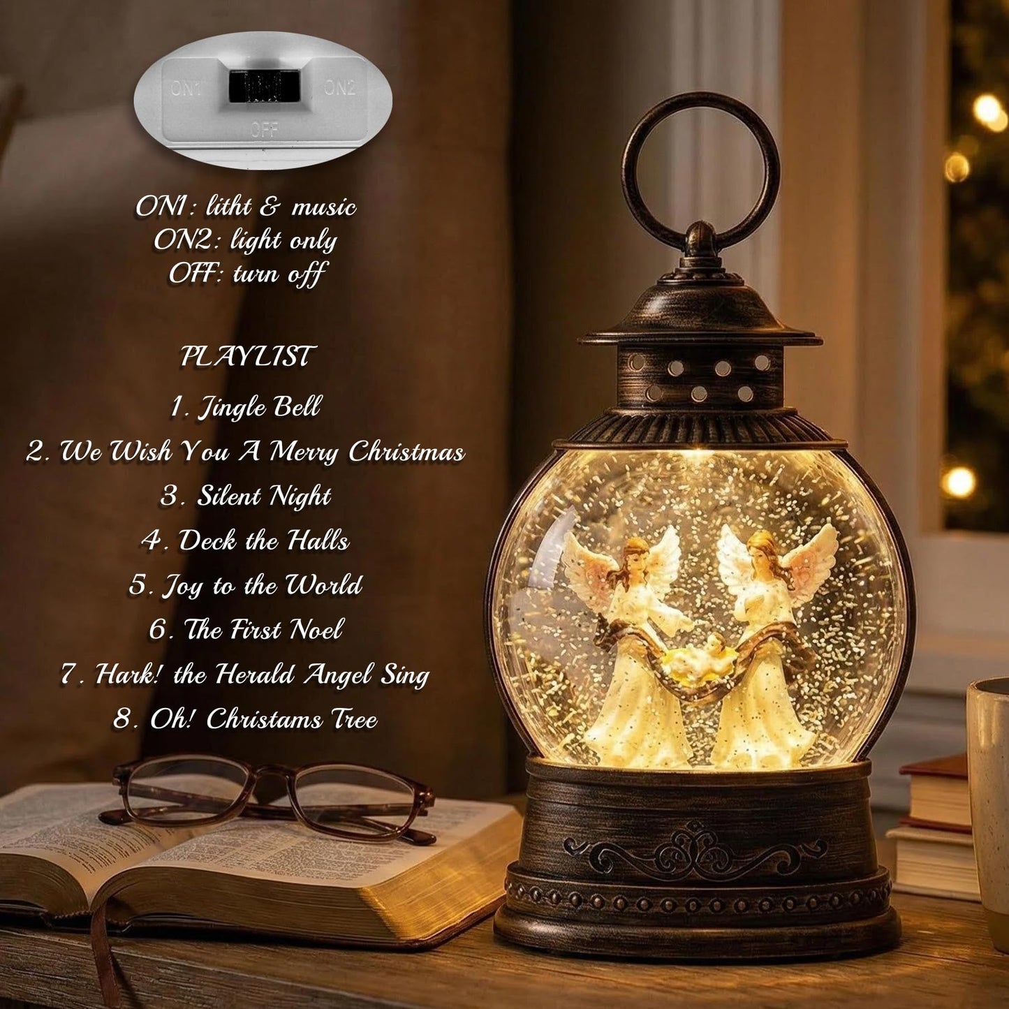 SMOOTHWIND 9.7'' Christmas Angel Snow Globe, Musical Lighted Water Lantern, Retro Decoration with Swirling Glitter, USB Powered and Battery Operated, Xmas Home Décor Gift (Baby Jesus with Angel)