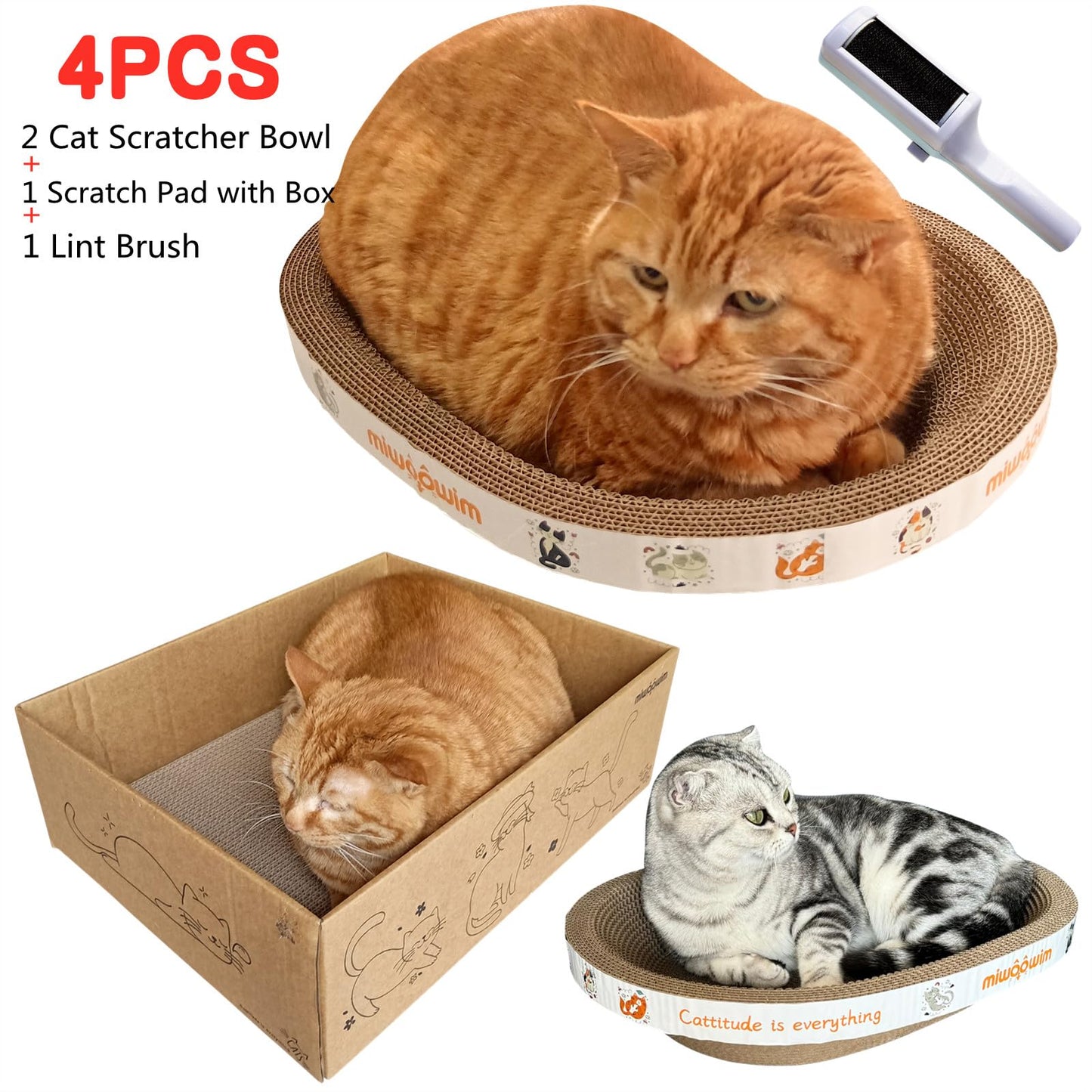Miwoowim 4PCS 2 Cat Scratcher Bowl +1 Corrugated Scratch Pad with Box+ 1 Brush,Oval Shape Cat Scratcher Cardboard Bed, Scratching Lounge Bed, Cute Round Scratcher