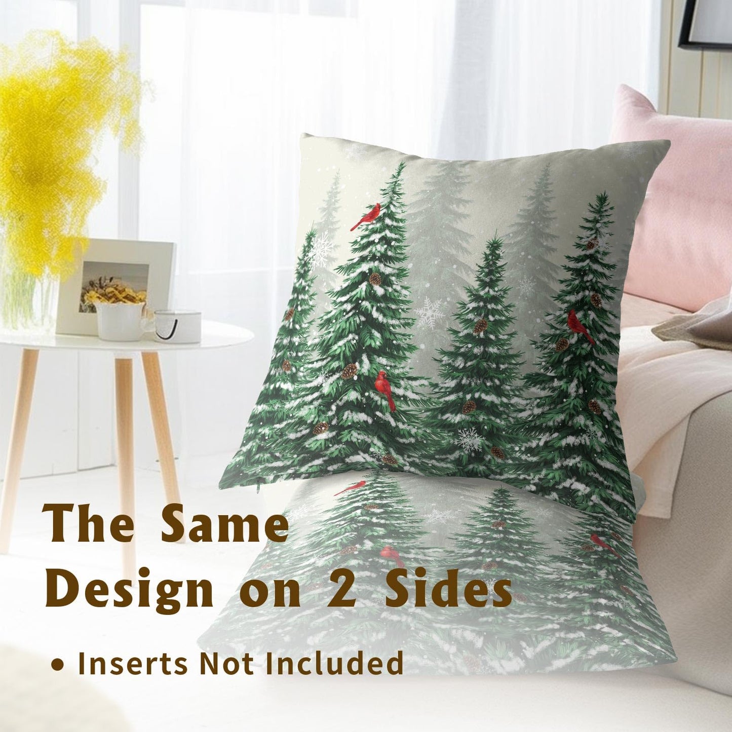 Winter Cardinal Bird Pillow Covers 16x16 Inch,Christmas Pine Tree Throw Pillow Covers Snow Forest Green Trees Cushion Cover Set of 2 Soft Cotton Pillow Cases Square for Home Sofa Living Room Decor