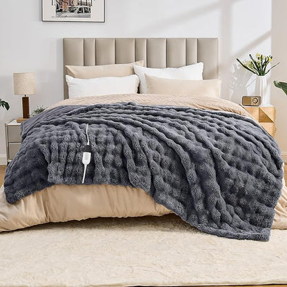 Heated Blanket Electric Throw Blanket 62''X 84''-Heating Blanket with 6 Heat Settings-10 Hours Auto Off,Cozy Faux Rabbit Fur Bubble Electric Blanket,Dark Gray