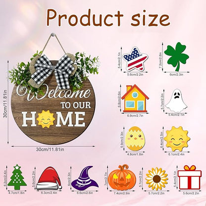 Interchangeable Seasonal Welcome Sign Front Door Decoration, Rustic Round Wood Wreaths Wall Hanging Outdoor Decor for Spring Summer Autumn and Winter All Seasons Holiday Halloween Christmas