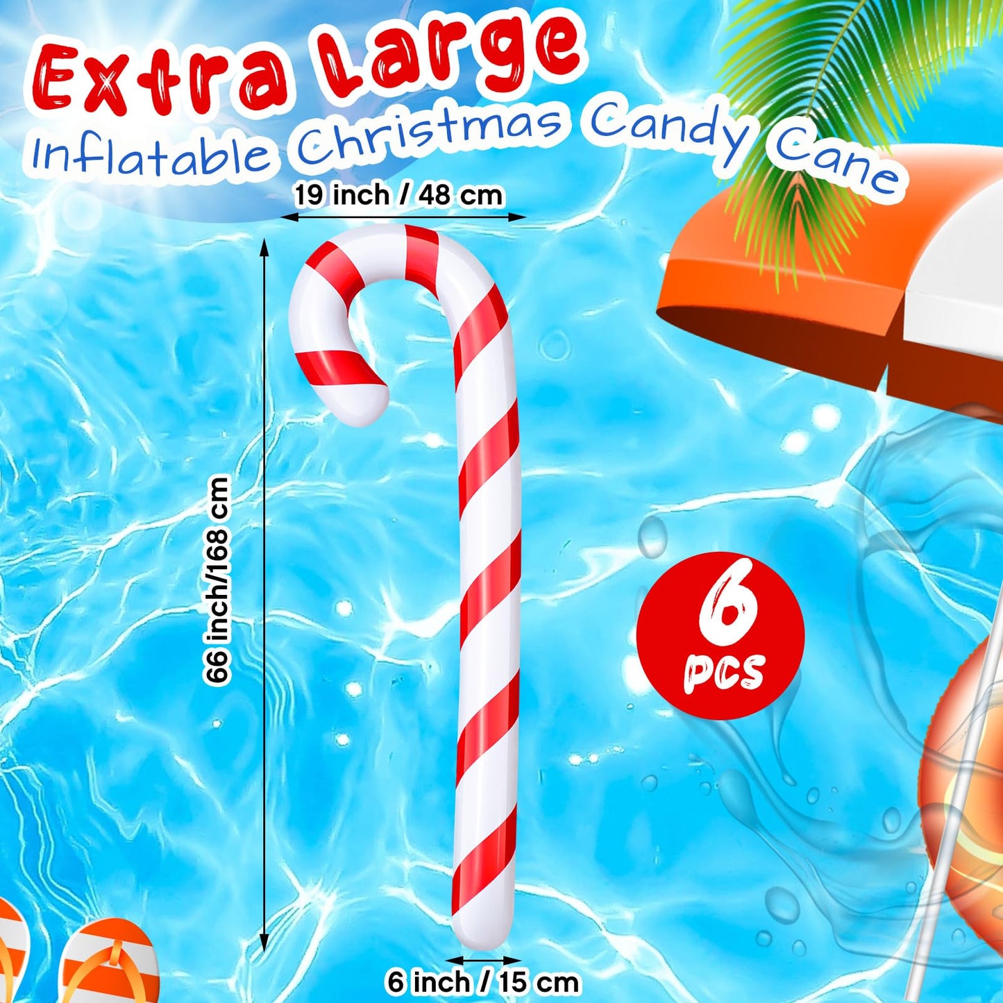 Leyndo 6 Pcs 5.5 ft Christmas in July Candy Cane Summer Christmas Candy Cane Inflatable Pool Noodles Jumbo Floats Swim Floating Noodles for Indoor Outdoor Swimming Pool (Red and White)