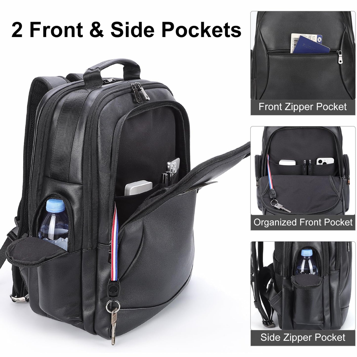 TIDING Genuine Leather Backpack for Men Large Capacity 17.3 Inch Laptop Bag Black Waterproof Business Work Travel Daypack