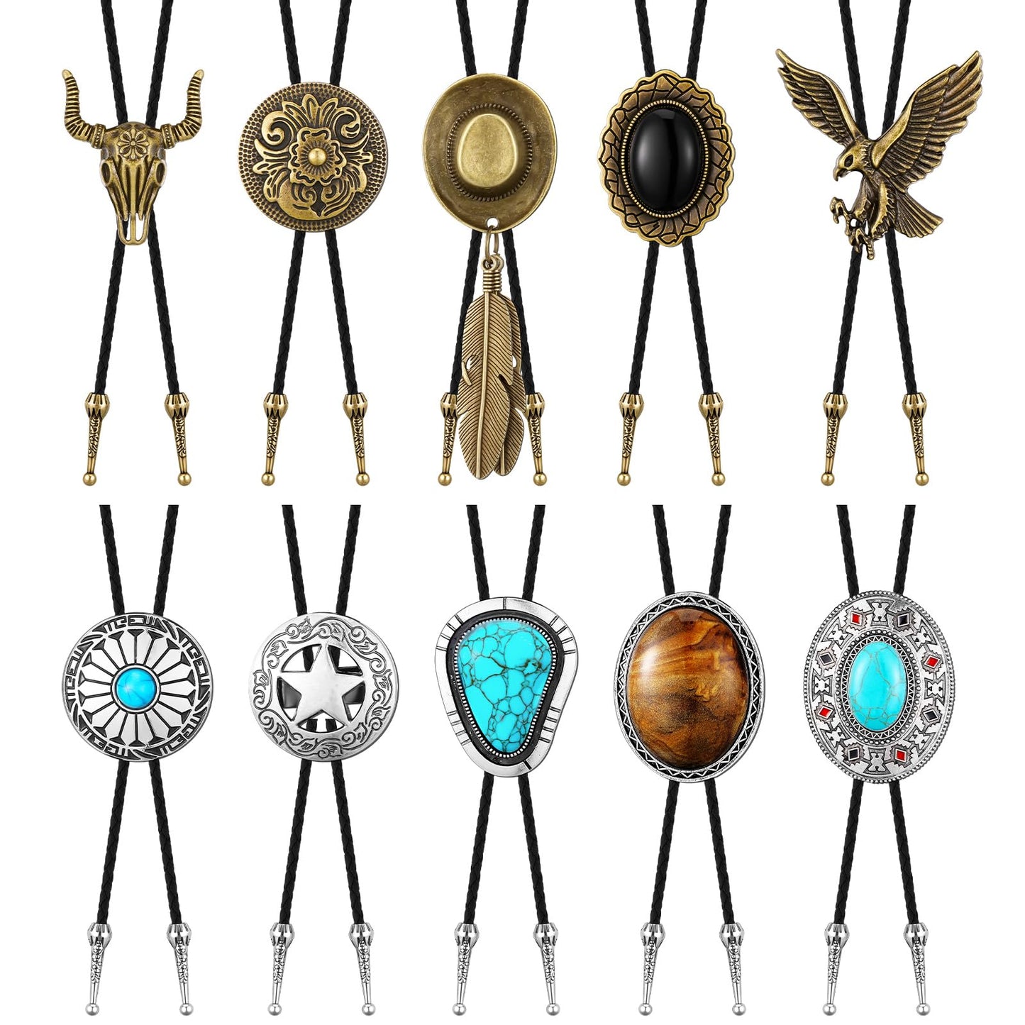 ShinyMatch 10 Pcs Bolo Tie for Men Women Western Cowboy Accessories Leather Necktie with Tiger Eye Stone Costume Accessories(Brown,Retro)