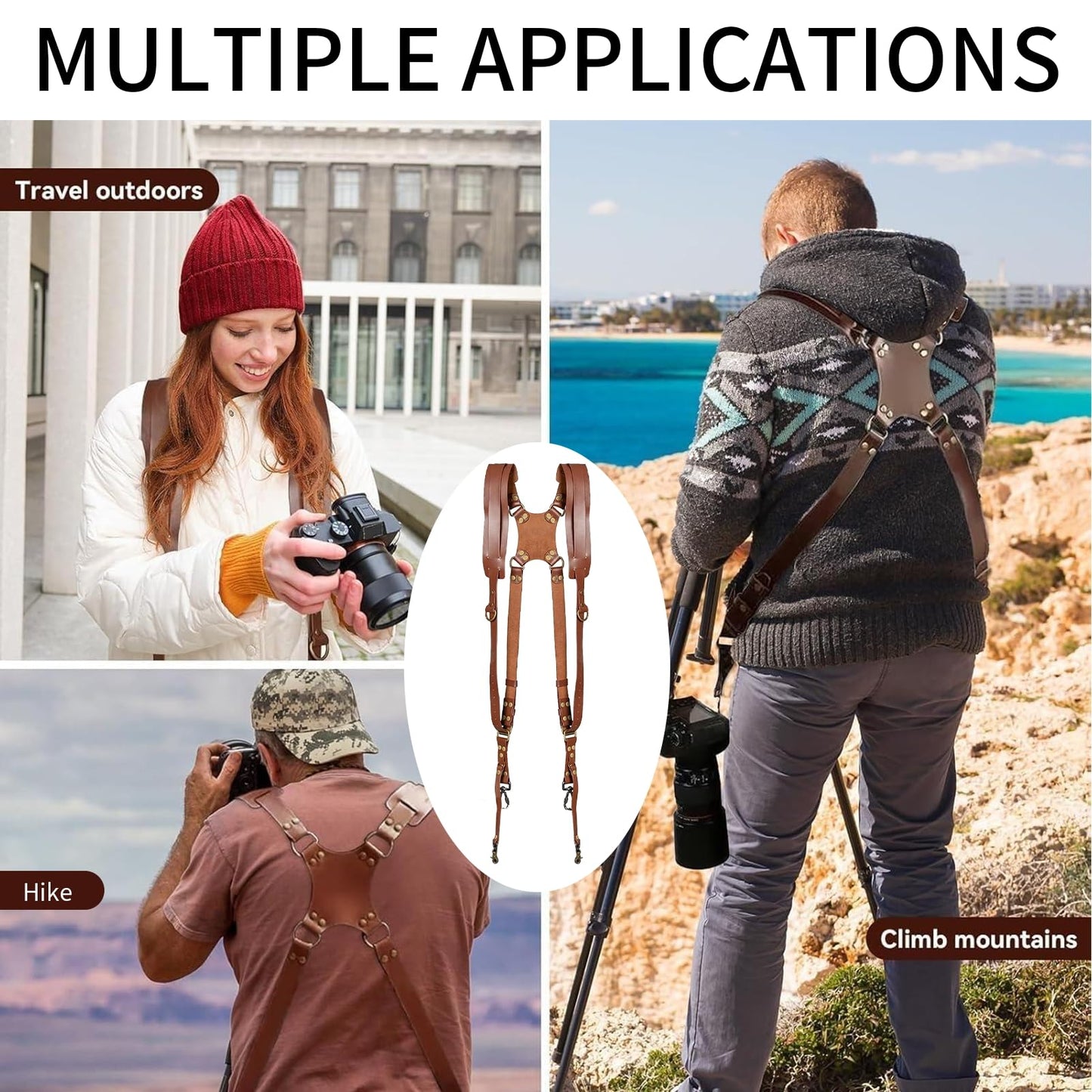 YIHAOSSING Camera Harness,Brown Camera Straps for Photographers,Leather Dual Camera Strap for Two DSLR/SLR Cameras