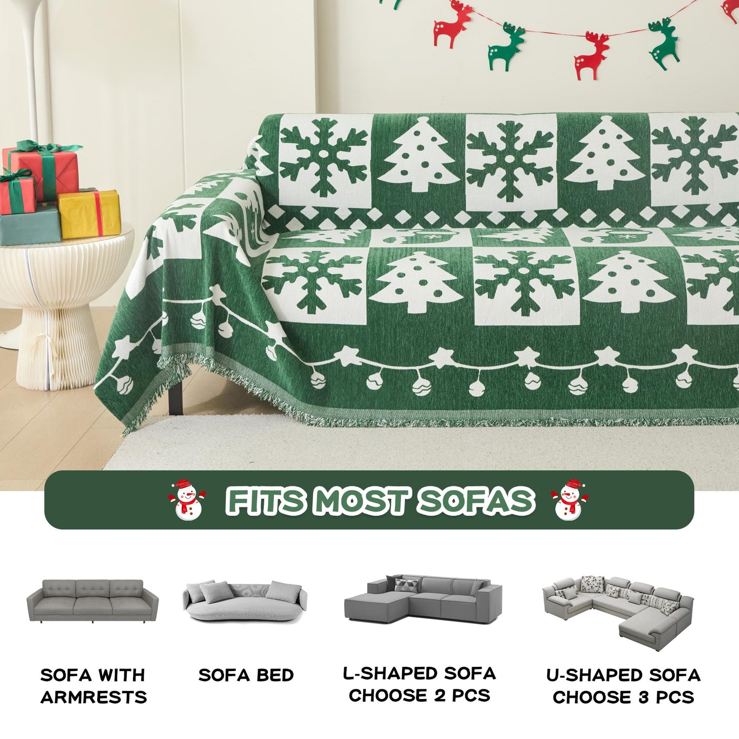 MEETSKY Christmas Couch Cover for Sectional Sofa, Chenille Loveseat Green Sofa Covers Washable for Pet Friendly Snowflake Christmas Tree Decorative Couch Covers, 71" x 102"