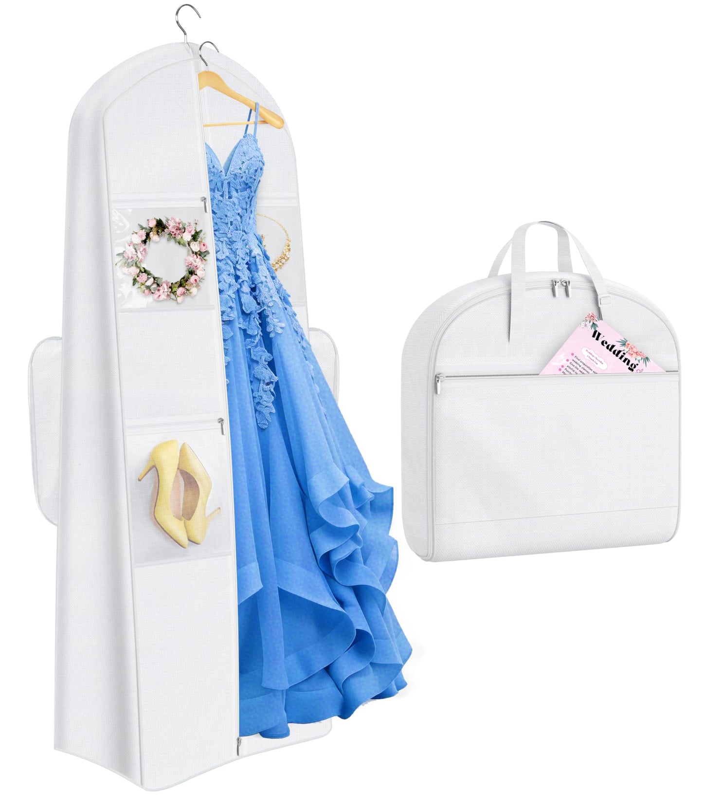 MISSLO 2-in-1 Wedding Dress Garment Bag with 5 Bride Accessories Pockets 70" Dress Bags for Gowns Long with Adjustable Handles Trifold Dresses Cover for Travel and Closet Storage, White