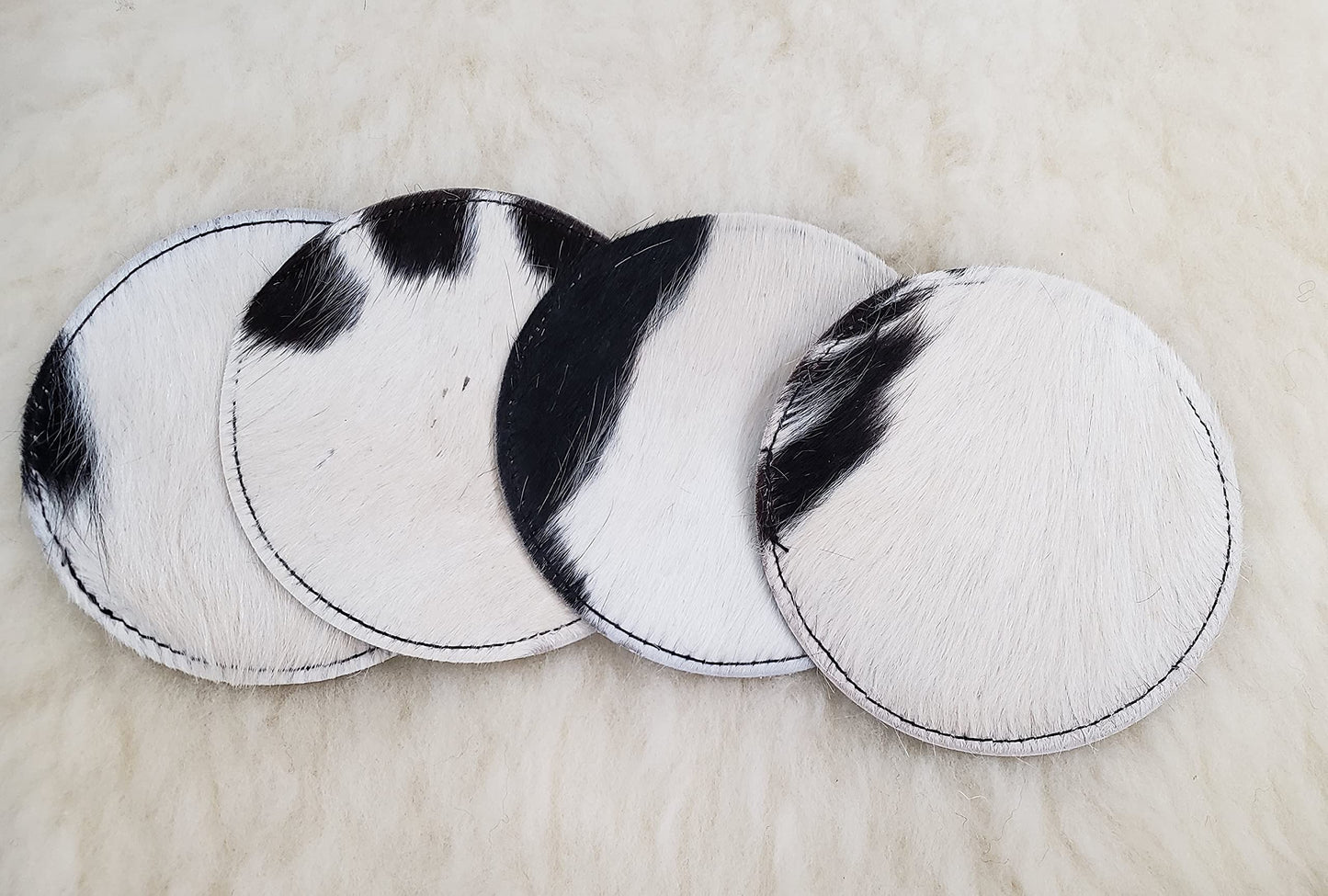 NGF Cowhide Coaster Set of 6 pcs Natural Cowhide Drink Coasters Hair On Round Coasters Leather Tea Cup Coasters Home Decor & Home Living Ideas Multicolor 4.5 x 4.5 x 0.5 inches
