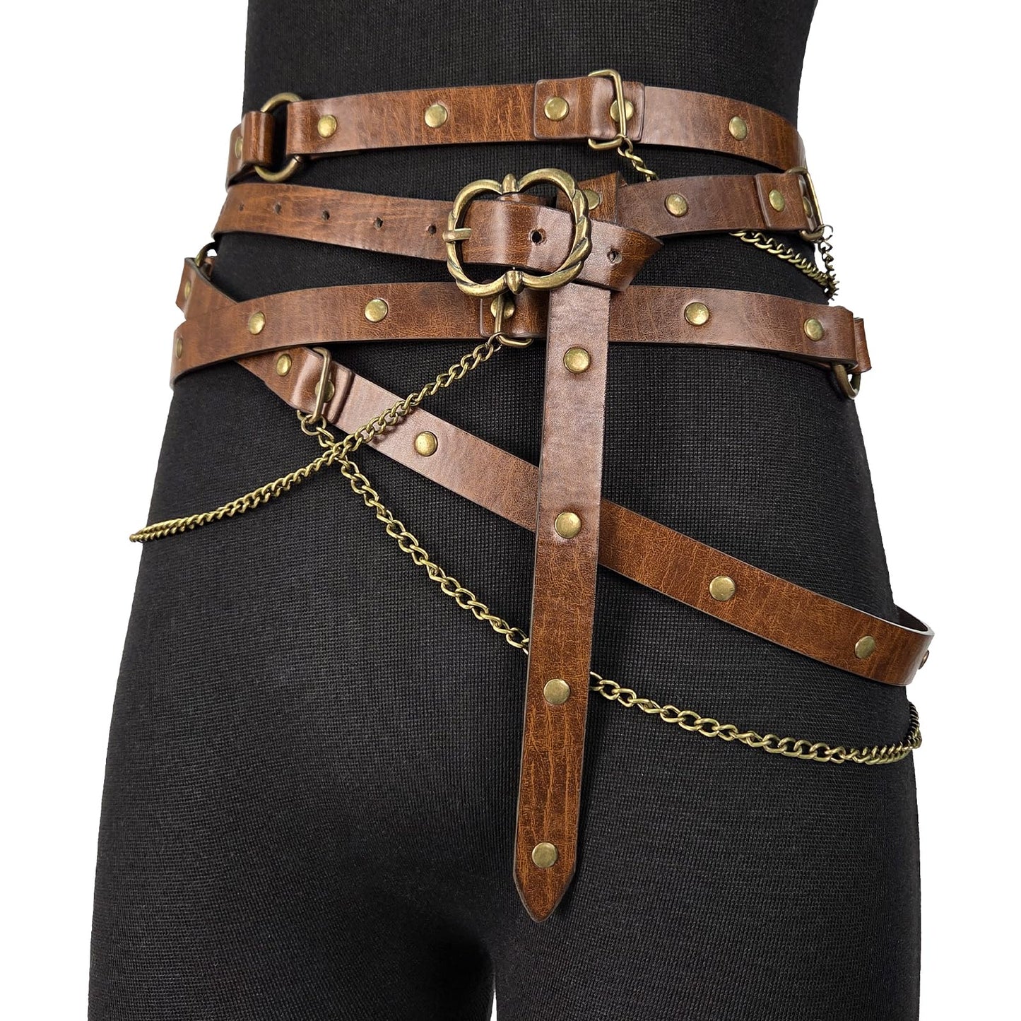 HiiFeuer Medieval DIY Faux Leather Metal Chain Belt, Vintage Adjustable Thin Belt For Women, Retro Skinny Belt For Dresses (Brown A)