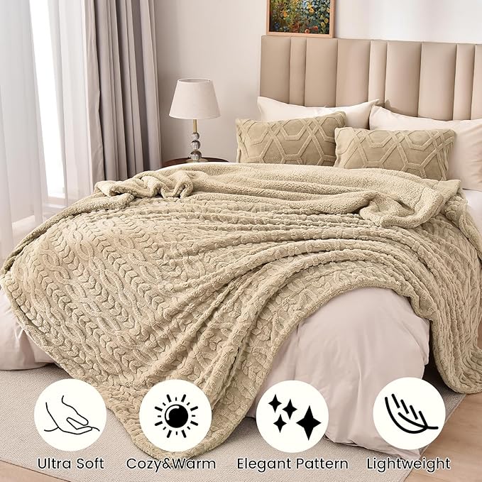 PHF Fluffy Sherpa Blanket Queen Size for Winter, Warm and Soft, 510GSM 3D Jacquard Thick Shaggy Fleece Plush Blanket for Sofa Bed, Khaki, 90"x90"