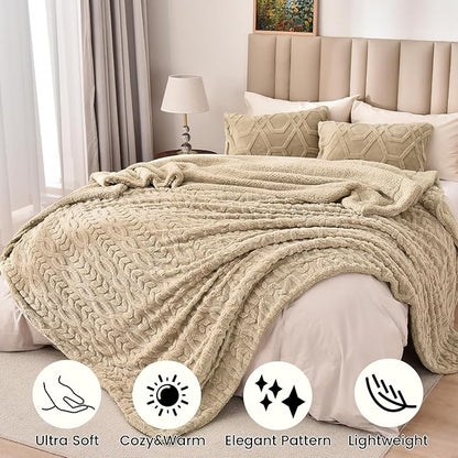 PHF Fluffy Sherpa Blanket Queen Size for Winter, Warm and Soft, 510GSM 3D Jacquard Thick Shaggy Fleece Plush Blanket for Sofa Bed, Khaki, 90"x90"