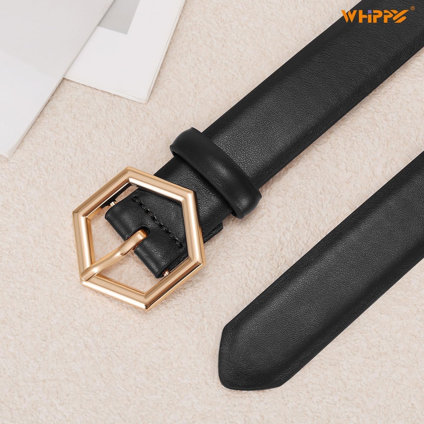 WHIPPY Skinny Leather Belt for Women Casual Waist Belt for Jeans Pants Fashion Ladies Thin Belt with Gold Buckle, Black, M