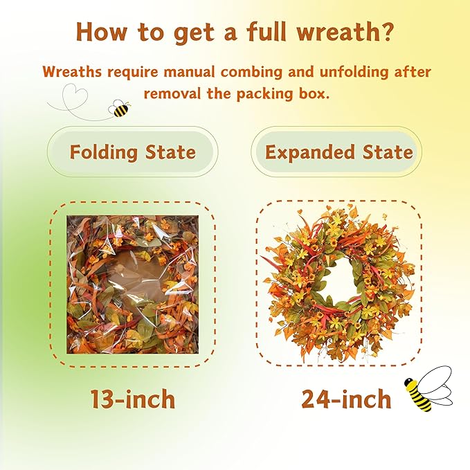 Fall Wreath for Front Door, 24 Inch Autumn Wreath with Berries,Lemon Leaves, Oak Leaves, and Maple Leaves Fall Decorations for Home, Artificial Flowers Harvest and Thanksgiving Indoor & Outdoor