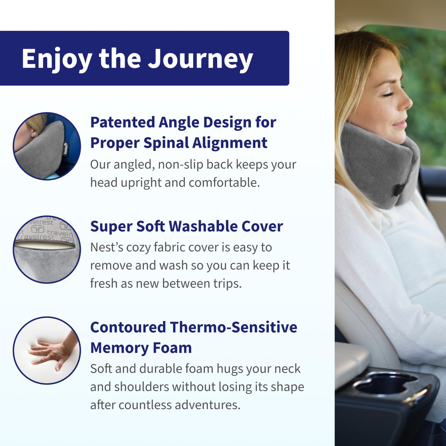 TRAVELREST Nest Neck Pillow Travel Essentials - Memory Foam Pillow and Patented Design, Support for Long Flights, Travel Accessories, Comfortable and Compact, Washable, Attaches to Luggage - Gray