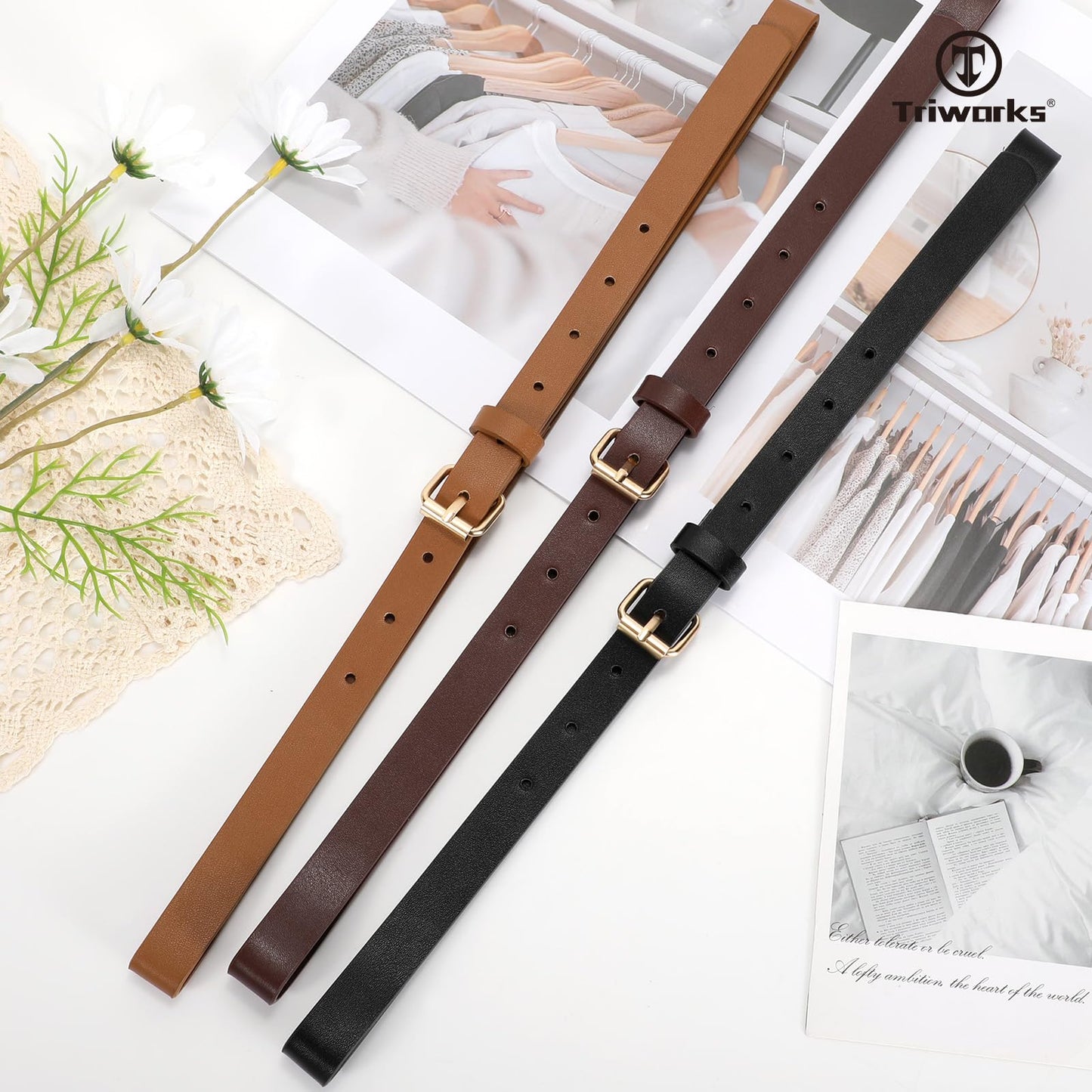 TRIWORKS 3 Pack Women Skinny Leather Belt for Jeans Pants Dress Ladies Thin Waist Belt with Gold Buckle