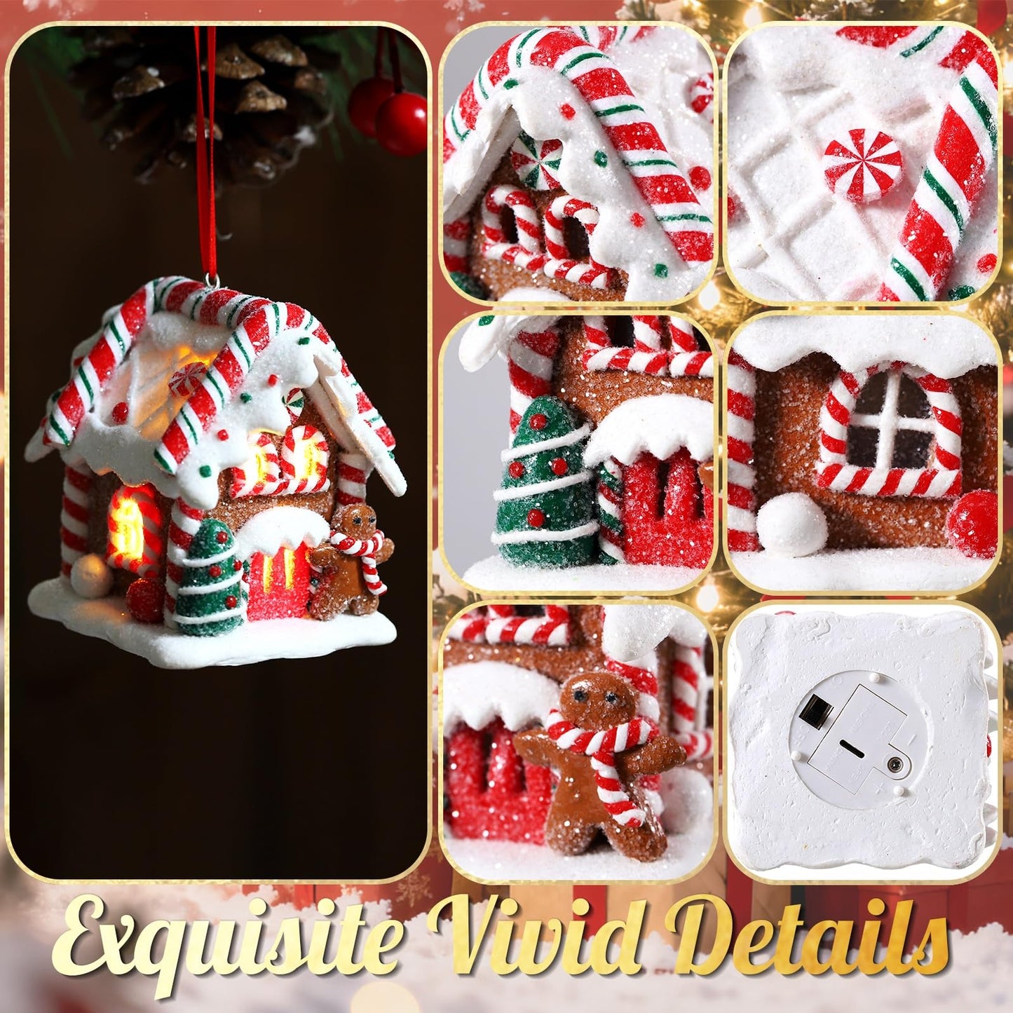 3Pcs Christmas Gingerbread House Hanging Ornaments for Xmas Tree,3D Light-Up Handmade Clay Gingerbread Candy House with Santa Claus Snowman for Christmas Eve New Year Winter Holiday Party Decorations
