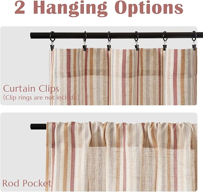 jinchan Colorful Striped Linen Kitchen Curtains 36 Inch Christmas Tier Curtains Farmhouse Modern Cafe Small Window Treatments Light Filtering Rod Pocket for Living Room Bathroom 2 Panels Multi Red