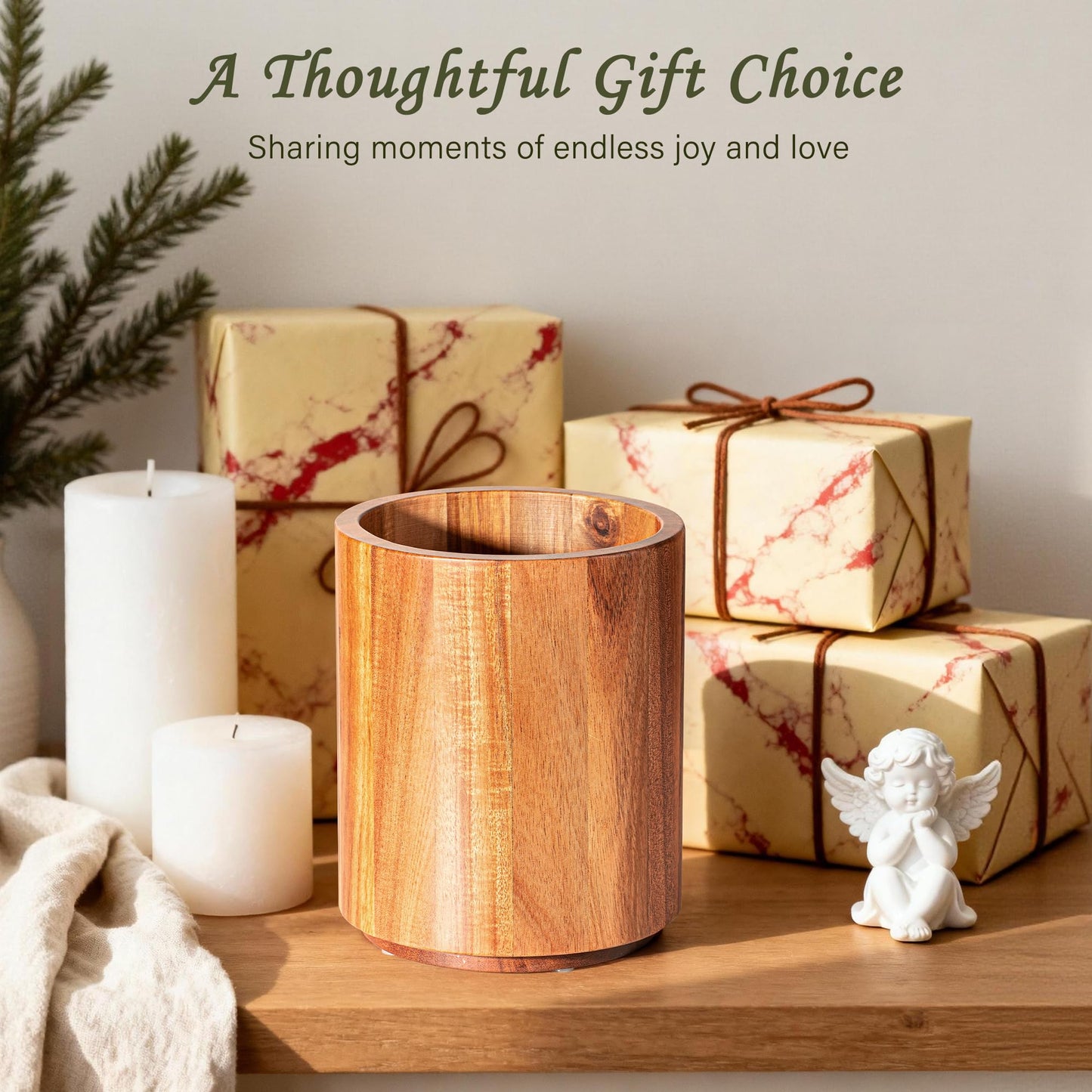 Criusia Utensil Holder 2 Pack, 360° Rotating Acacia Wood Cooking Utensil Crocks for Kitchen Counter, Farmhouse & Modern Decor, (2 Large)