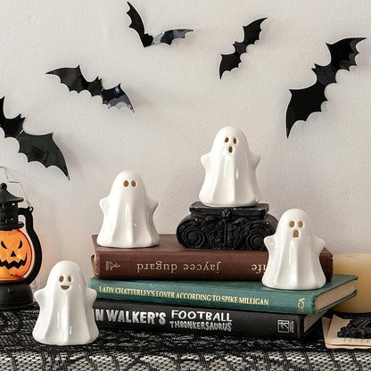 4PCS Halloween Ceramic Ghosts Light Up LED White Spooky Ghosts Figurines Scary Statue Sculpture Halloween Decor Gift for Fall Props Desk Tabletop Centerpieces Home Indoor Decorations