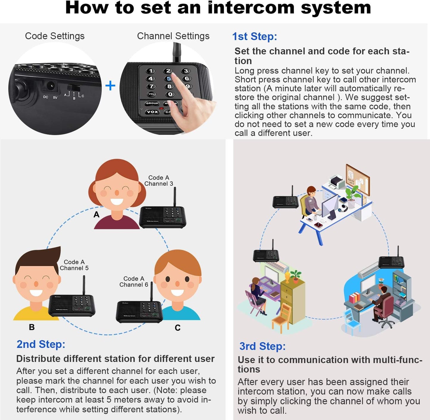 Wuloo Intercoms Wireless for Home 1 Mile (5280 Feet) Range 10 - Channel, Wireless Home Intercom System for House Business Office, Room to Room Intercom, Home Communication System (2 Packs, Black)