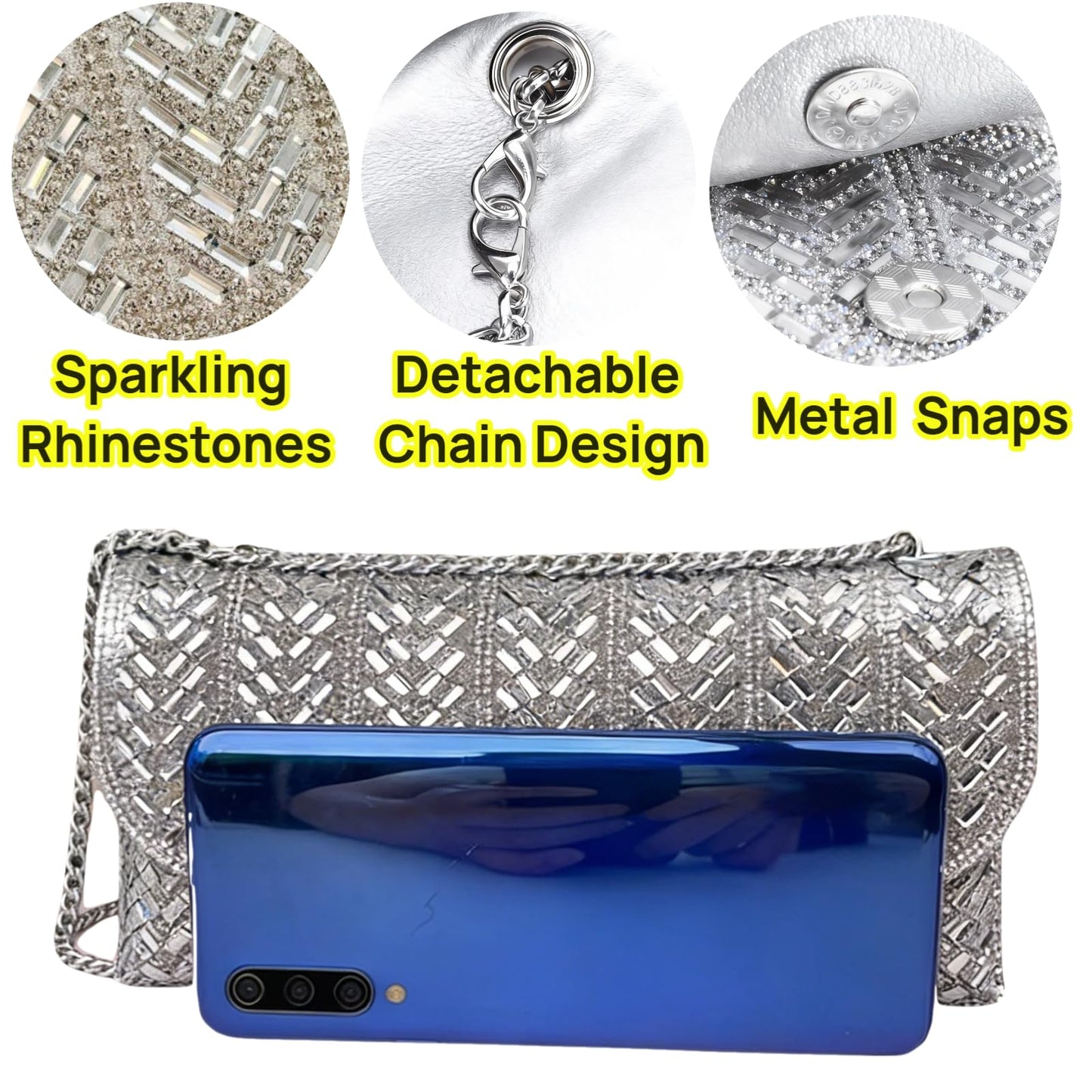 LUKLUKTAISUN 2026 Rhinestones Clutch Purses for Women 3d Evening Bags PU Leather Handbag for Cocktail Prom Party Wedding(Silver)