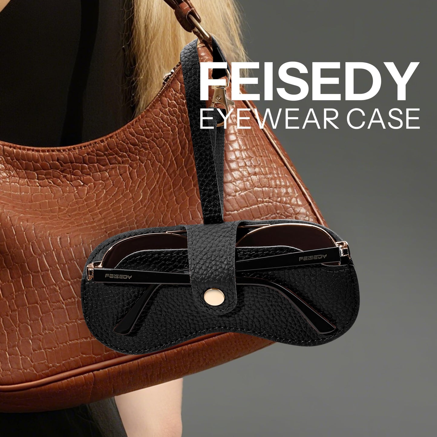 FEISEDY 2Pack Soft Leather Sunglass Case-Slim Portable Glasses Holder with Button-Closure Wrist Strap for Travel & Outdoor B0308