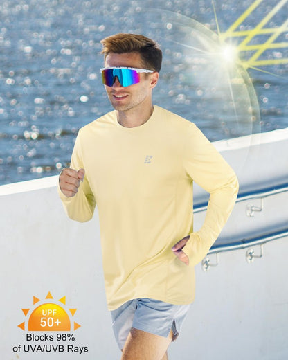 EoBeKee Sun Protection Shirts for Men, UPF 50+ UV SPF Long Sleeve Outdoor Rash Guard for Fishing Hiking Swimming Running Quick Dry Lightweight Yellow
