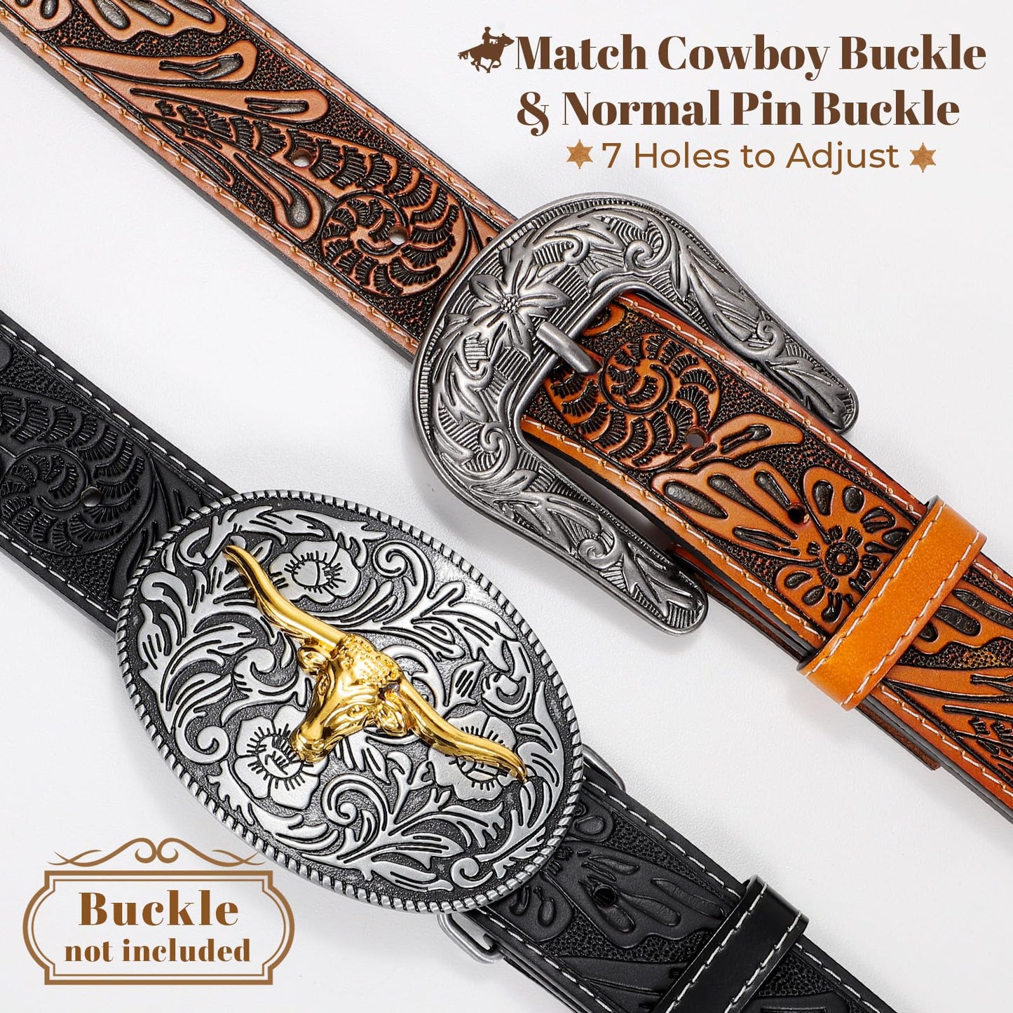 LALATCH Mens Western Cowboy Belt, 2 Pack Western Belts without Buckle for Men Woman Cowgirl Leather Jeans Belt, Brown+Black