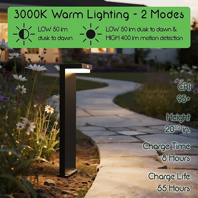 Solar Pathway Lights - Walkway Solar Lights for Outside - PIR Sensor & Two Lighting Modes - Rechargeable Battery Lasts Up To 55 Hours - 3000K - IP44 Weather Resistant - 4 Pack - 20.5" Height