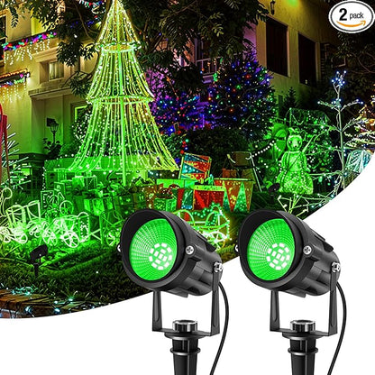 Christmas Green LED Spot Lights Outdoor, 14 LED Landscape Lighting with US Plug, IP65 Waterproof Spotlights for Tree Yard Garden Pathway Halloween St. Patrick's Day Flag Decor 2 Pack