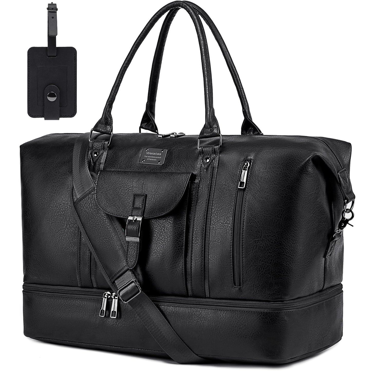 weiatas Faux Leather Travel Duffel Bag for Women Men, Large Weekender Overnight Bag with Shoes Compartment, Waterproof Carry On Bag Travel Tote Bag Gym Bag with Luggage Strap (Black)